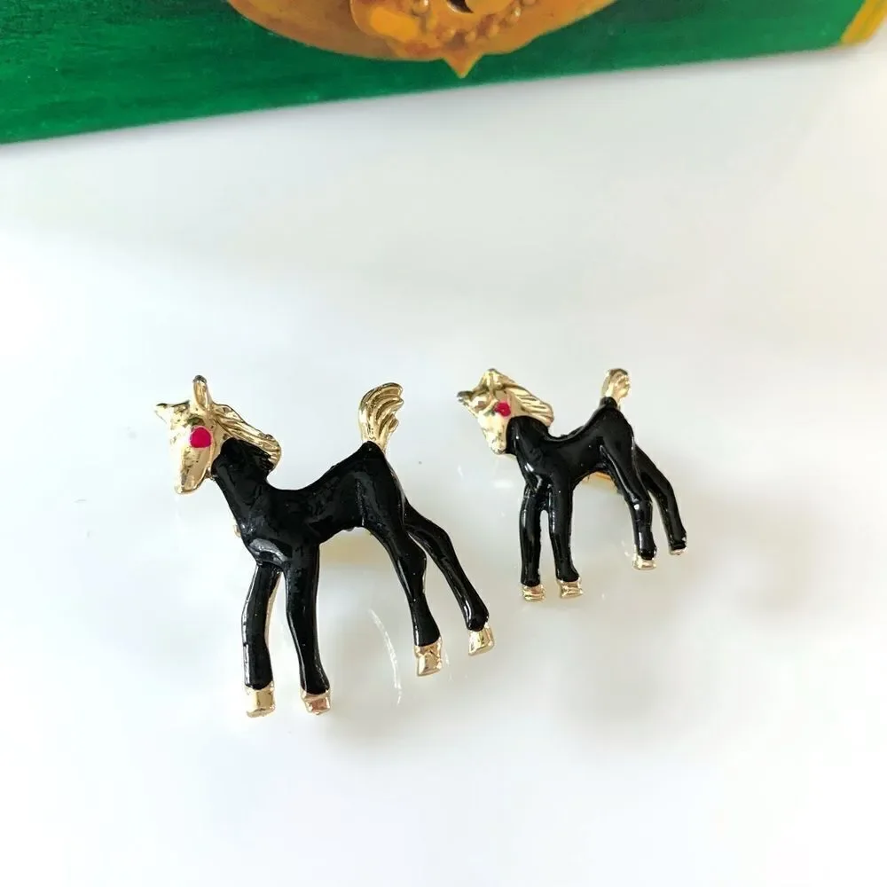 Vintage Horse & Pony Enamel Pin Brooch Set